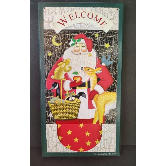 Stephanie Stouffer Wooden Christmas Welcome Sign Wall Art Santa Animals Rustic - Picture 1 of 3